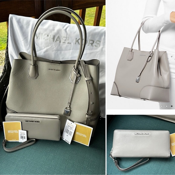 Michael Kors Large Center Zip Tote & Jet Set Travel Continental Wristlet in Grey - Picture 1 of 16